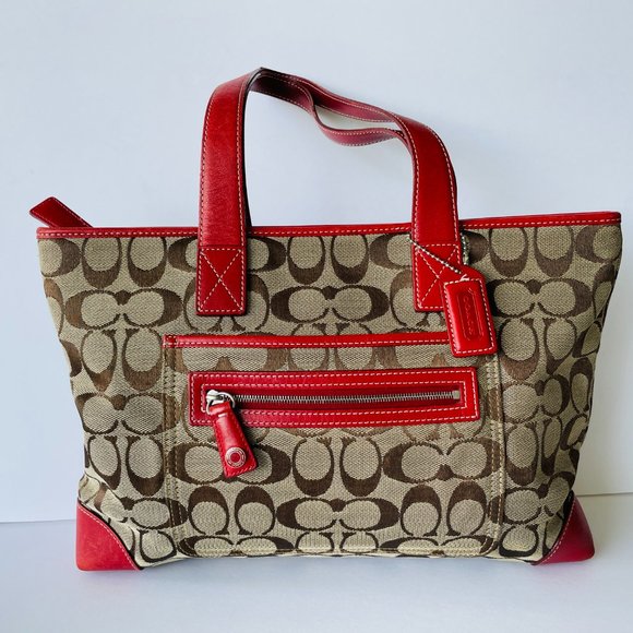 Coach Signature Tan and Red Leather Handbag Tote - Picture 2 of 8